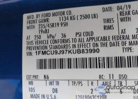 2019 Ford Escape Titanium from USA, damaged, VIN 1FMCU9J97KUB83990